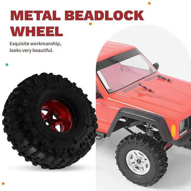 Alt view image 3 of 7 - 4pcs 122mm 1.9 Inch Metal Beadlock Wheel Rim Rubber Tire Set for 1/10 RC Crawler Car TRX4 D90 D110 SCX10 Red