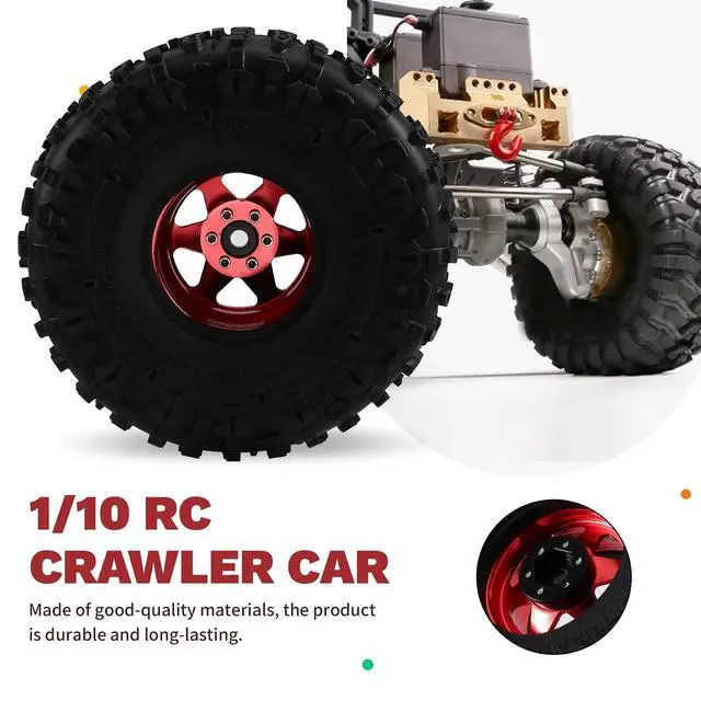 Alt view image 6 of 7 - 4pcs 122mm 1.9 Inch Metal Beadlock Wheel Rim Rubber Tire Set for 1/10 RC Crawler Car TRX4 D90 D110 SCX10 Red
