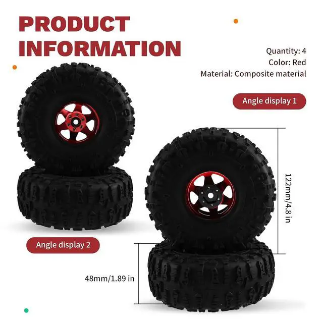 Alt view image 7 of 7 - 4pcs 122mm 1.9 Inch Metal Beadlock Wheel Rim Rubber Tire Set for 1/10 RC Crawler Car TRX4 D90 D110 SCX10 Red