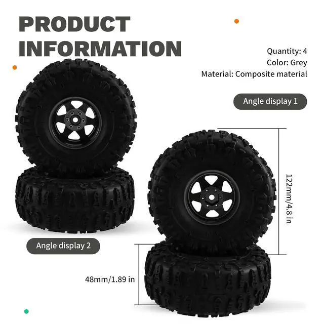 Alt view image 7 of 7 - 4pcs 122mm 1.9 Inch Metal Beadlock Wheel Rim Rubber Tire Set for 1/10 RC Crawler Car TRX4 D90 D110 SCX10 Grey
