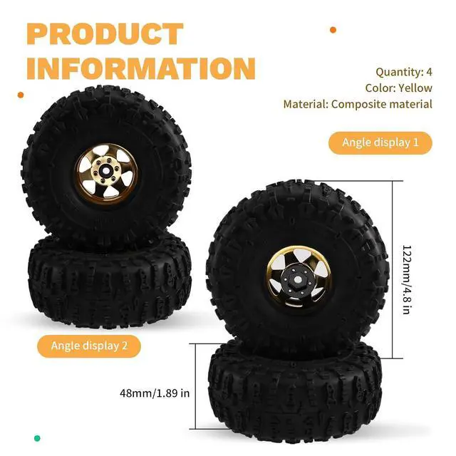 Alt view image 7 of 7 - 4pcs 122mm 1.9 Inch Metal Beadlock Wheel Rim Rubber Tire Set for 1/10 RC Crawler Car TRX4 D90 D110 SCX10 Yellow