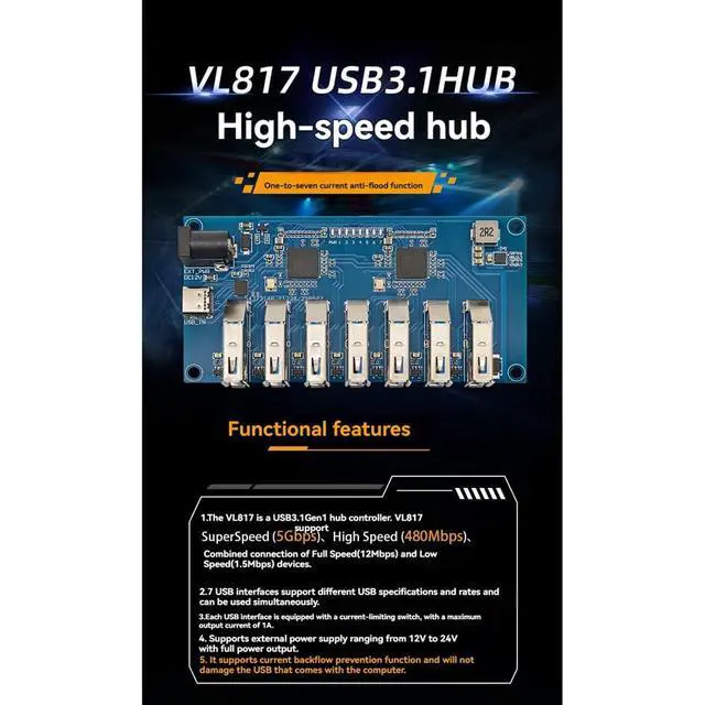 Alt view image 3 of 7 - VL817 USB3.1 HUB Module 1-to-7 Port Hub Splitter for High-Speed SuperSpeed/Full Speed/Low Speed Device Compatibility