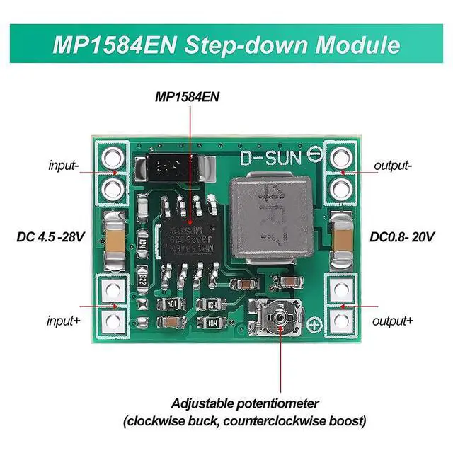 Alt view image 4 of 7 - 20 Pcs Mini MP1584EN DC-DC Buck Converter Adjustable Power Supply Module 24V to 12V 9V 5V 3V Reduced Voltage Regulator