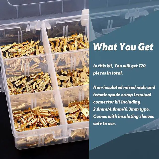 Alt view image 5 of 6 - 720 Pieces of 2.8/4.8/6.3mm Male and Female Quick Crimping Terminal Blocks with Insulating Sleeve Combination Kit