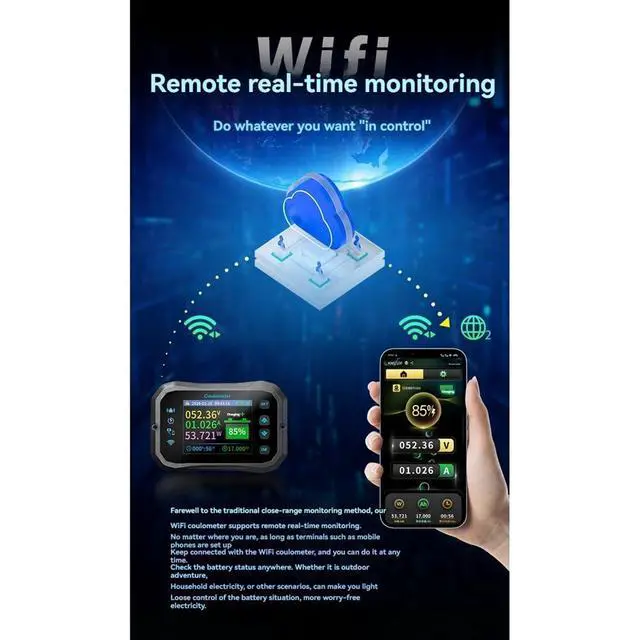 Alt view image 2 of 7 - WiFi Coulomb Meter RV Battery Monitor Battery Capacity Indicator Tester Power Volt-Ammeter for All Batteries A