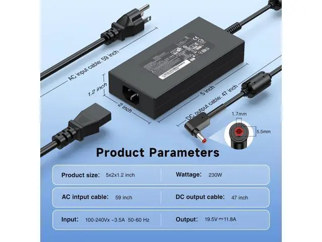 Alt view image 4 of 5 - amguog 230W Laptop Charger Compatible with acer Predator Helios Neo 16 PHN16-71 Nitro 5 AN517-42-R85S Helios 300 19V.5 11.8A AC Adapter
