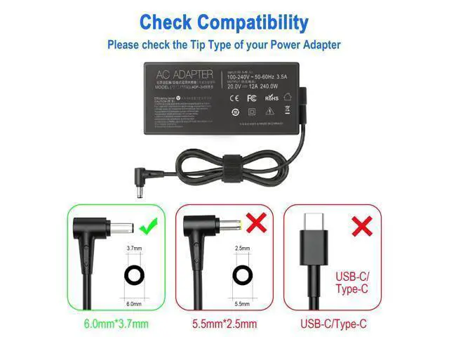 Alt view image 3 of 5 - 240W 230W Laptop Charger Compatible with Asus ROG Strix Scar 15 17 G15 G17 TUF F17 F16 F15 A17 A15 Vivobook Pro 16X 15X Flow X16 Zephyrus Duo 15 S M16 G14 G15 G16 S17 GA401 GA402 GA503 Power Adapte