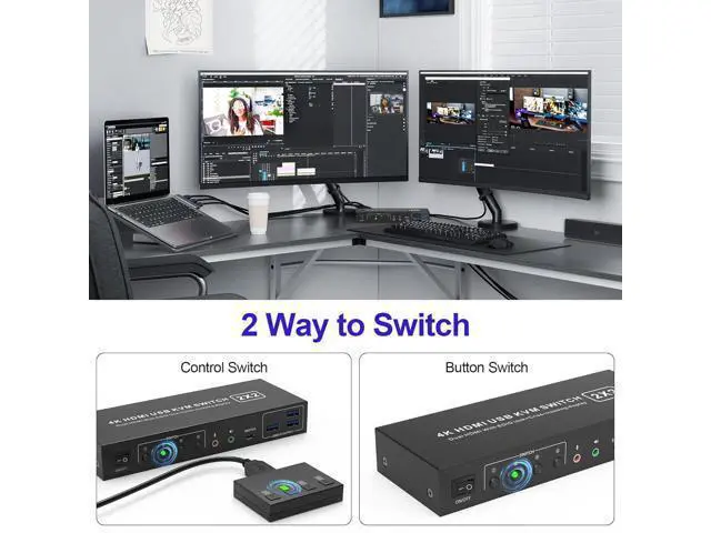 Alt view image 7 of 7 - USB 3.0 HDMI KVM Switch 2 Montiors 2 Computers, 4K@60Hz KVM Switch Dual Monitor with 3 USB 3.0 Ports and Audio, 2 Port KVM Switch with Dual Monitor Cross Display for 2 Computers