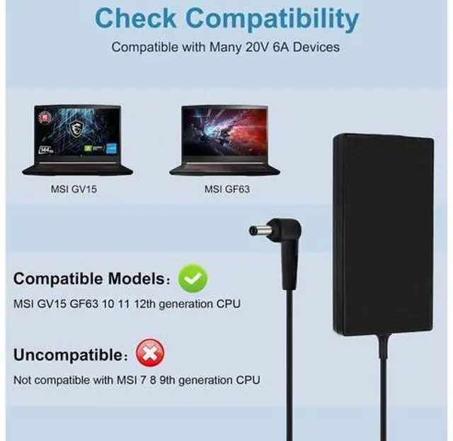 Alt view image 2 of 7 - 120W Charger for msi Laptop Charger msi gf63 gv15 GV15-Thin-11SC GF63 Thin 10 11 12Th Intel core Laptop ms-16r5 ms-16r6 ms-16r7 adp-120vh d a17-120p2a