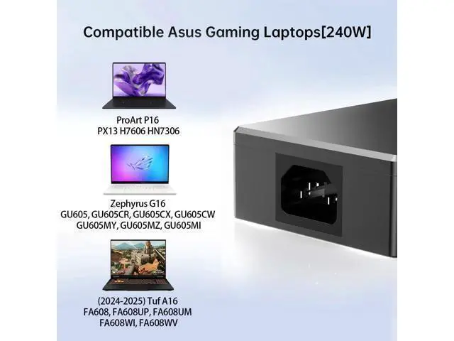 Alt view image 3 of 5 - 240W Laptop Charger ADP-240EB B with Rectangle Conn Fit for ASUS ROG Zephyrus G16 GU605 GU605C GU605M TUF Gaming A16 FA608 FA608U FA608W (2024-2025), ProArt P16 PX13 H7606 HN7306, 20V 12A AC Adapter