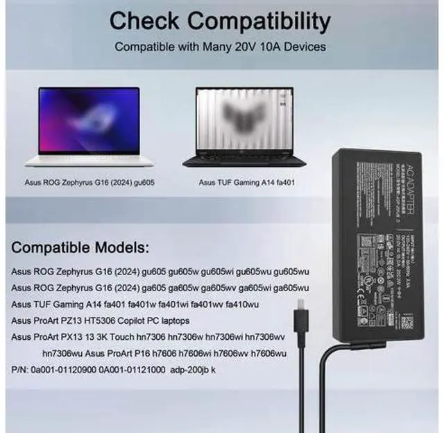 Alt view image 3 of 5 - 20V 10A 200W Laptop Charger for Asus ROG Zephyrus G16 gu605 gu605m ga605w ga605 Asus TUF Gaming A14 fa401u fa401w ProArt P16 h7606 pz13 ht5306 PX13 hn7306 Power Supply adp-200jb k