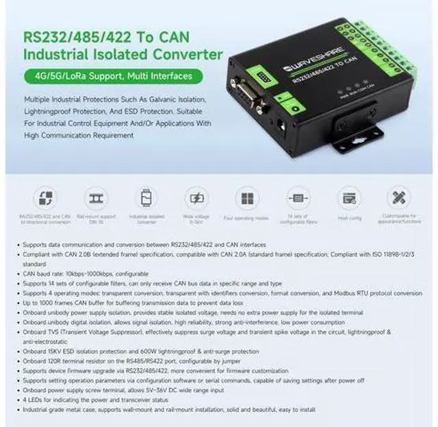 Alt view image 3 of 7 - waveshare RS232/485/422 to CAN Industrial Isolated Converter, Supports Modbus RTU Conversion, Multiple Protection Circuits