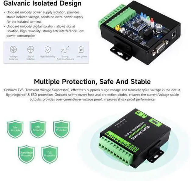 Alt view image 6 of 7 - waveshare RS232/485/422 to CAN Industrial Isolated Converter, Supports Modbus RTU Conversion, Multiple Protection Circuits