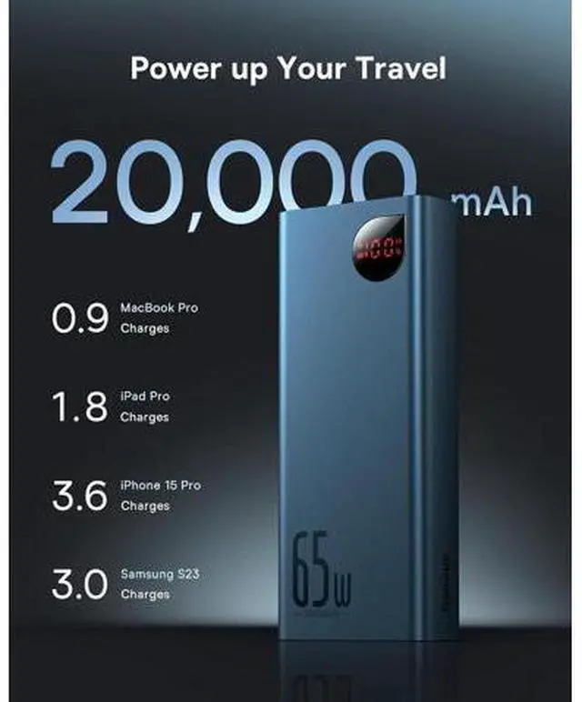 Alt view image 3 of 7 - Baseus Power Bank, 20000mAh 65W Metal Laptop Portable Charger, 4-Port USB C Battery Pack, PD3.0 Fast Charging Battery Bank for MacBook Dell XPS IPad iPhone 15/14/13/12 Pro Samsung S23 S22 Steam Deck