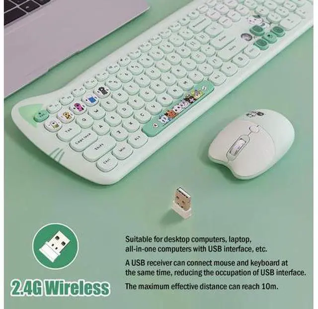 Alt view image 3 of 10 - Cute Cat 2.4G USB Wireless Keyboard and Mouse Combo, Silent Keys, Candy Colors, Compatible with Notebook, PC (Green-110Keys)