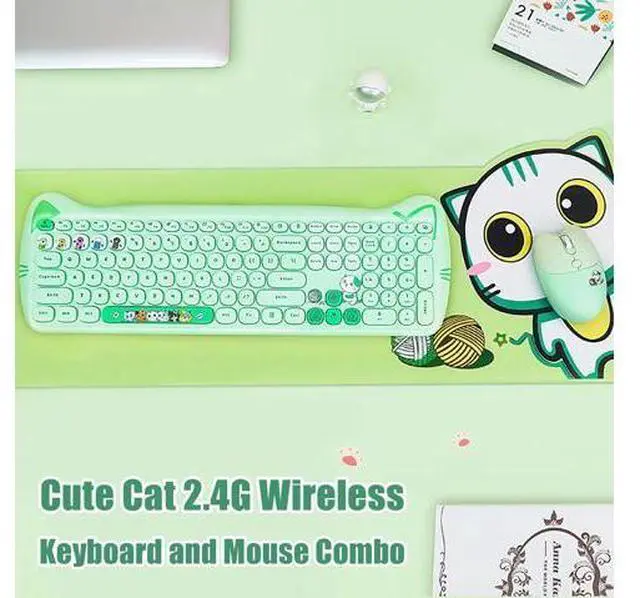 Alt view image 2 of 10 - Cute Cat 2.4G USB Wireless Keyboard and Mouse Combo, Silent Keys, Candy Colors, Compatible with Notebook, PC (Green-110Keys)