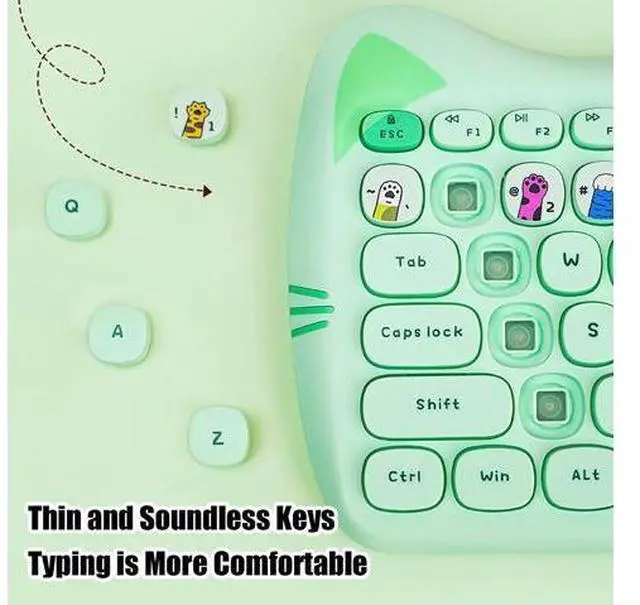 Alt view image 5 of 10 - Cute Cat 2.4G USB Wireless Keyboard and Mouse Combo, Silent Keys, Candy Colors, Compatible with Notebook, PC (Green-110Keys)