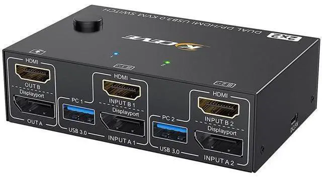 Main image of KCEVE KVM Switch 2 Monitors 2 Computers HDMI+DP, USB 3.0 Dual Monitor KVM Switch 4K@60Hz for 2 Computers Share 4 USB Devices Mouse Keyboard, with Wired Remote Controller