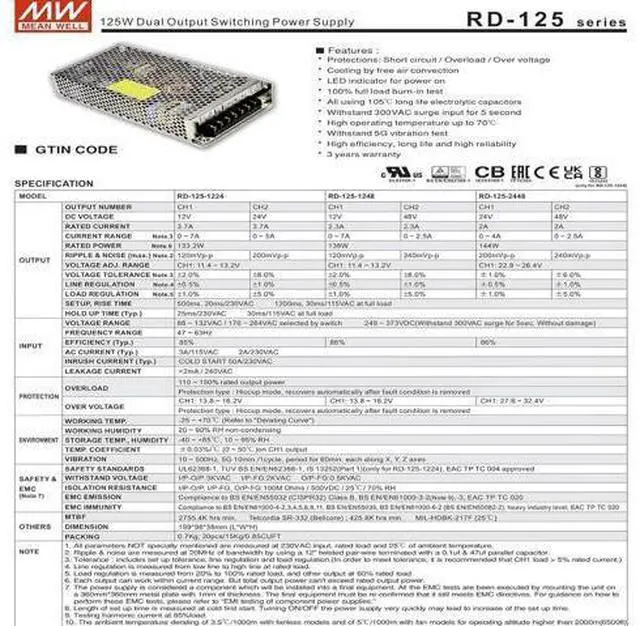 Alt view image 6 of 7 - Mean Well 125W Dual Output Switching Power Supply Pc Convert-A-Bench Laboratory Dc Power Supply Semi Modular (RD-125-1248 138W/Dual Output Supply)