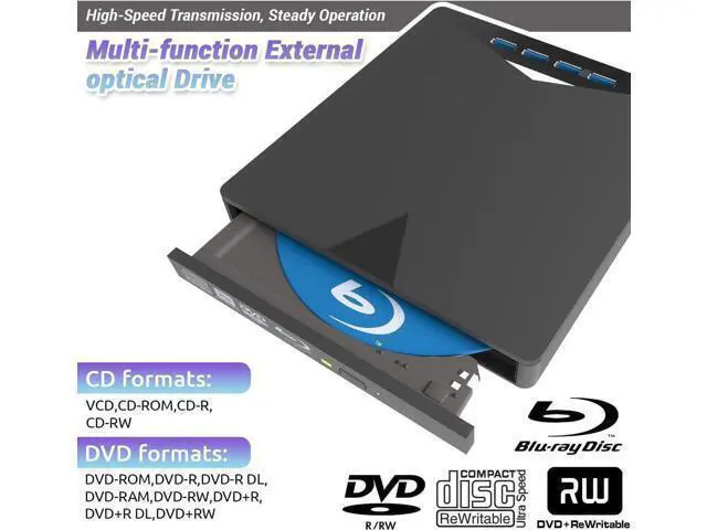 Alt view image 2 of 7 - Multi-Function External Blu-ray Drive, 7 in 1 External Blu Ray Drive USB 3.0 & Type-C DVD/BD Player Blu Ray Burner Writer, Portable Slim Bluray Drive for Laptop PC Desktop Windows 11 10 Mac OS