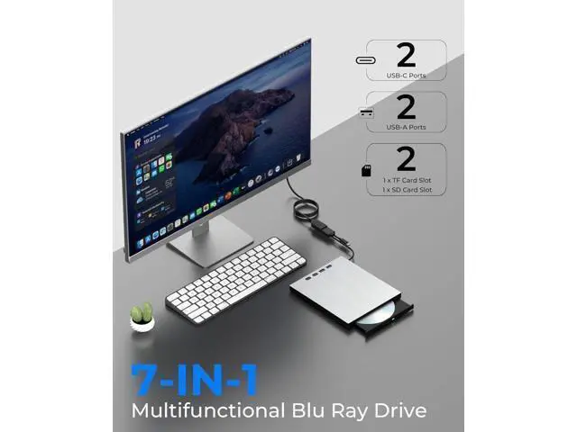 Alt view image 7 of 7 - External Blu ray Drive for Laptop, 7 in 1 External CD/DVD Drive Portable Blu Ray Burner USB 3.0 Type-C CD/BD Disc Drives Support 100G Bluray/DVD Drive Compatible with Windows Linux Mac OS