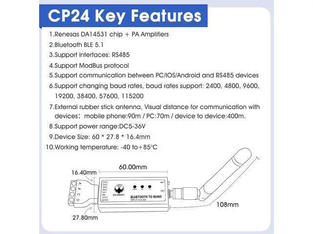 Alt view image 2 of 7 - DX-CP24 Bluetooth to RS485 Serial Adapter Industrial Wireless Bluetooth Communication Module to RS485 Converter, Change 485 Wired Device to Wireless (CP24 for Device)