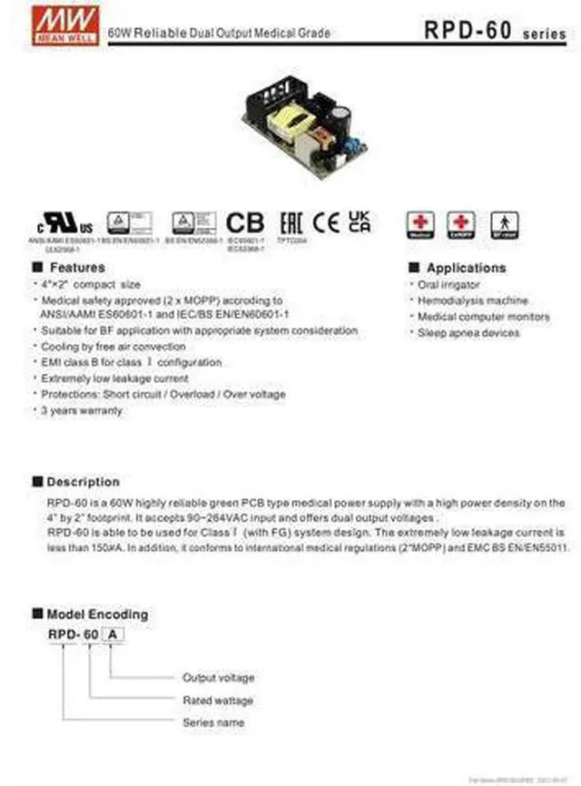 Alt view image 5 of 7 - MW Mean Well Open Frame PCB Type Medical Power Supply RPD-60A/B 4" X 2" Dual Output Switching Power Supply Multi Output (RPD-60A)
