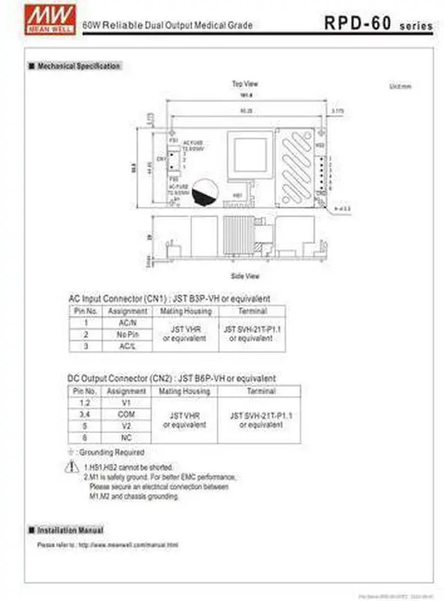 Alt view image 7 of 7 - MW Mean Well Open Frame PCB Type Medical Power Supply RPD-60A/B 4" X 2" Dual Output Switching Power Supply Multi Output (RPD-60A)
