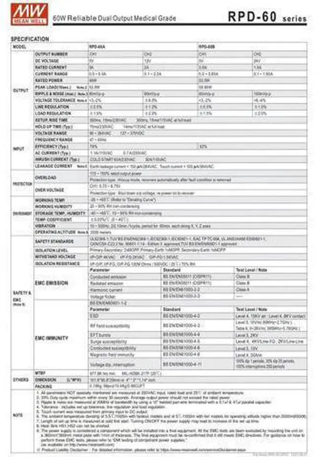 Alt view image 6 of 7 - MW Mean Well Open Frame PCB Type Medical Power Supply RPD-60A/B 4" X 2" Dual Output Switching Power Supply Multi Output (RPD-60A)