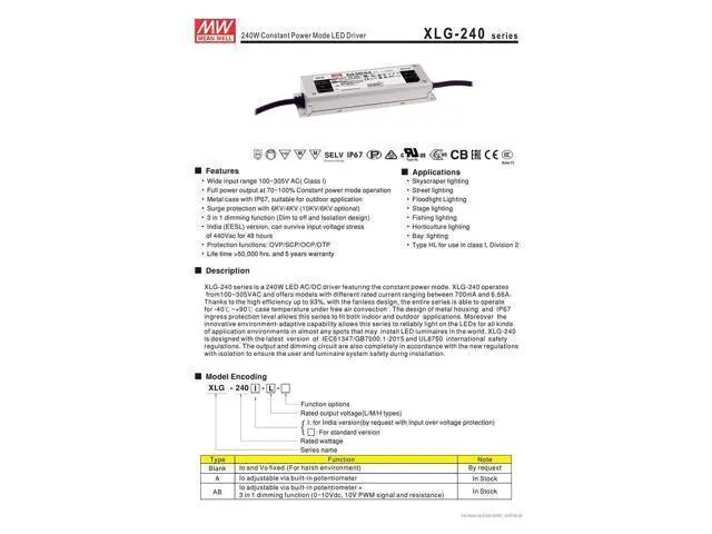Alt view image 3 of 6 - Original Mean Well XLG Series 4900mA 27-56V 240W Dimmable LED Driver Constant Power Mode 3 in 1 Dimming LED Power Supply Current Adjustable