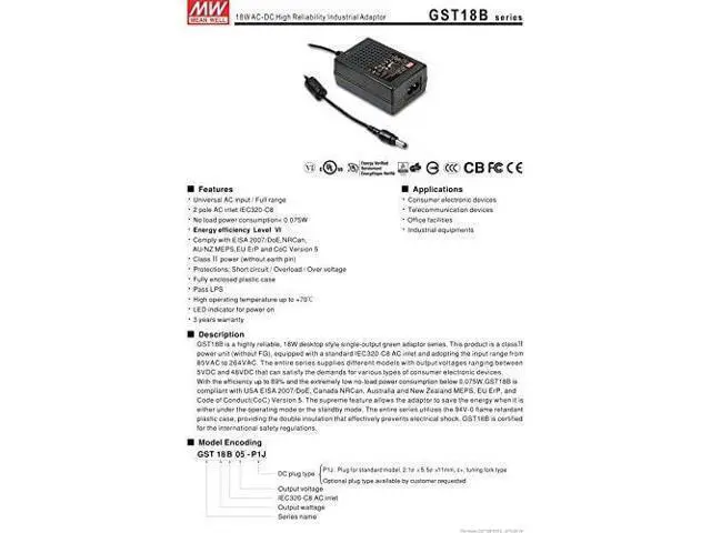 Alt view image 2 of 3 - Desktop Industrial Adapter 18W 18V 1A GST18B18-P1J Meanwell AC-DC SMPS GST18B Series MEAN WELL Switching Power Supply