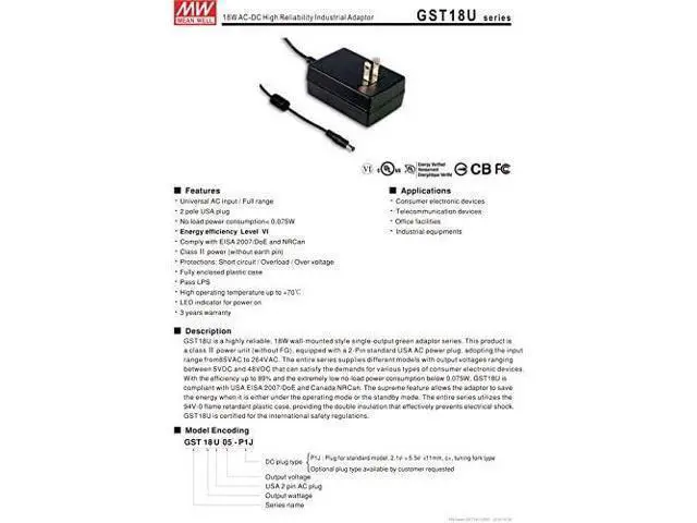 Alt view image 2 of 3 - Industrial Adapter 18W 9V 2A GST18U09-P1J Meanwell AC-DC SMPS GST18U Series MEAN WELL Switching Power Supply