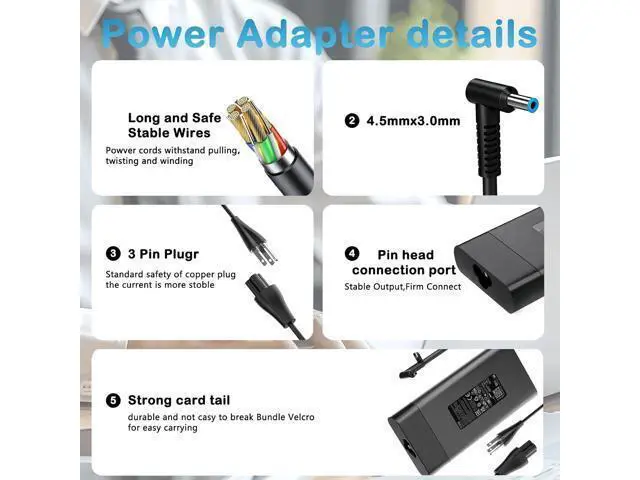 Alt view image 4 of 7 - 150W 135w Laptop Charger Fit for HP ZBook 15 16 17 G5-G8 Studio G3-G8 x360 OMEN 15 17 Victus 15 Pavilion Gaming 15 17 Spectre TPN-CA11 TPN-DA09 Power Supply Ac Adapter
