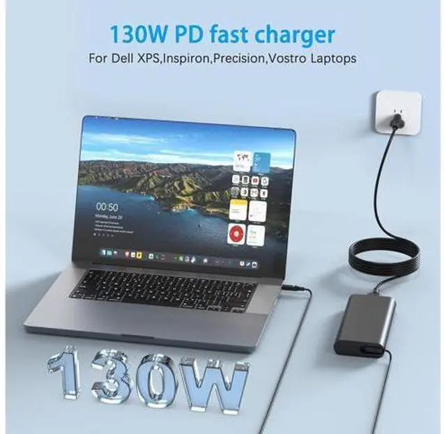 Alt view image 4 of 7 - 130W AC Adapter Laptop Charger Replacement for Dell XPS 15 7590 9530 9550 9560 9570 Precision M3800 M2800 5510 5520 5530 5540 Ins piron 7347 7348 7459 HA130PM130 0V363H 06TTY6 Power Supply Cord
