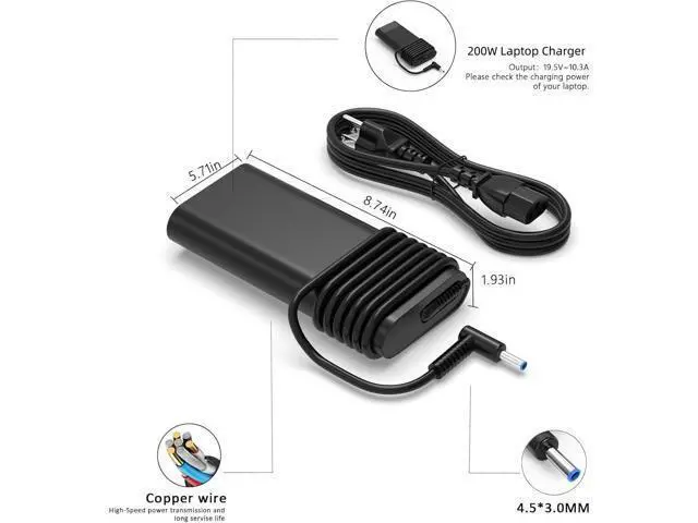 Alt view image 4 of 6 - 200W Laptop Charger Compatible with HP Victus 15 17 Omen Pavilion Gaming 15 17 ZBook Fury Create Studio 17 15 G9 G10 G8 G7 G6 G5 G4 Envy 15 15u 2020 TPN-DA10 L00818-850 Power Cord