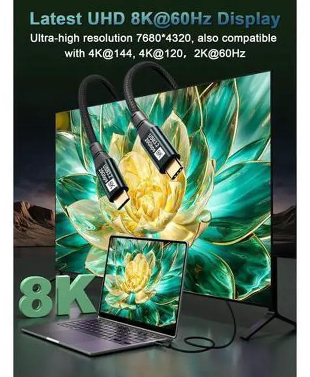 Alt view image 2 of 7 - USB C Monitor Cable 6.6FT-8K@60Hz USB-C Video Cable-100W PD Fast Charging-USB 3.2 Gen 2 20Gbps Type-C Data Transfer, USBC to USBC Video Cable for iPhone 17 16 15 Plus Pro Max, MacBooks, iPad, Carplay