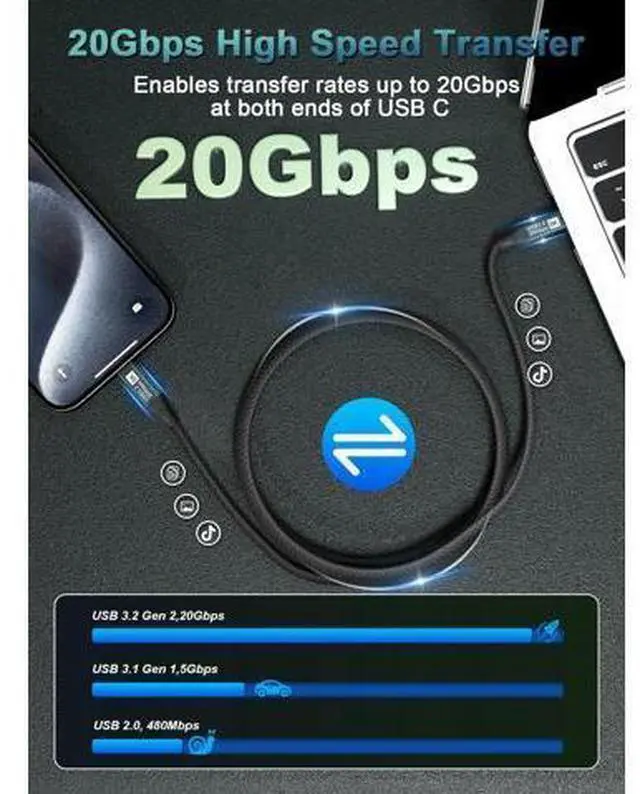 Alt view image 4 of 7 - USB C Monitor Cable 6.6FT-8K@60Hz USB-C Video Cable-100W PD Fast Charging-USB 3.2 Gen 2 20Gbps Type-C Data Transfer, USBC to USBC Video Cable for iPhone 17 16 15 Plus Pro Max, MacBooks, iPad, Carplay