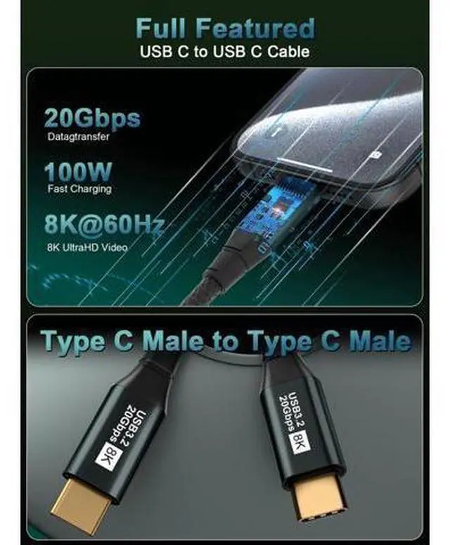Alt view image 2 of 14 - USB C Monitor Cable 10FT-8K@60Hz USB-C Video Cable-100W PD Fast Charging-USB 3.2 Gen 2 20Gbps Type-C Data Transfer, USBC to USBC Video Cable for iPhone 15/16 Plus 17 Air Pro Max, MacBooks, iPad