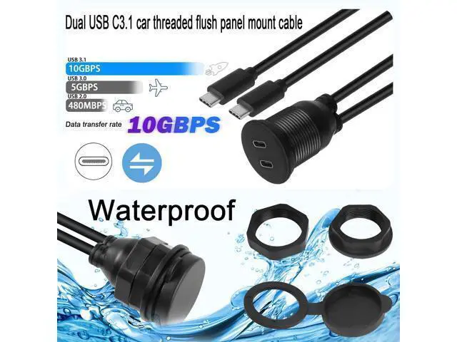Alt view image 2 of 7 - Vszerda Dual USB C Threaded Flush Mount Waterproof Cable 10Gbps 2 USB C 3.1 Male to Female Panel Mount Extension Cable Support 4K@60HZ Audio and Video Transmission 1m/3.3ft