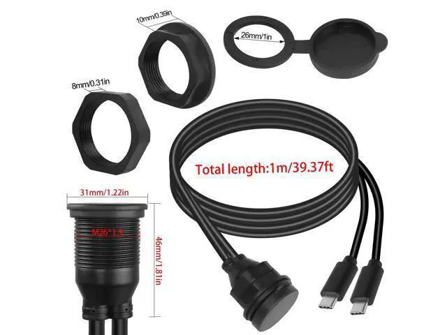 Alt view image 7 of 7 - Vszerda Dual USB C Threaded Flush Mount Waterproof Cable 10Gbps 2 USB C 3.1 Male to Female Panel Mount Extension Cable Support 4K@60HZ Audio and Video Transmission 1m/3.3ft