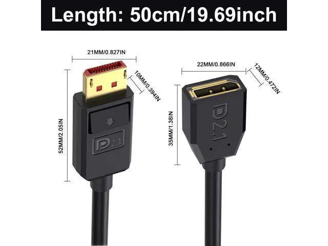 Alt view image 7 of 7 - Vszerda 54Gbps Displayport Extension Cable 1.5FT, Male to Female, 16K@30Hz, 8K@120Hz, 4K@240Hz 165Hz, Displayport 2.1 V Extender Cable Support HDR, HDCP DSC 1.2a for FreeSync G-Sync Gaming Monitor
