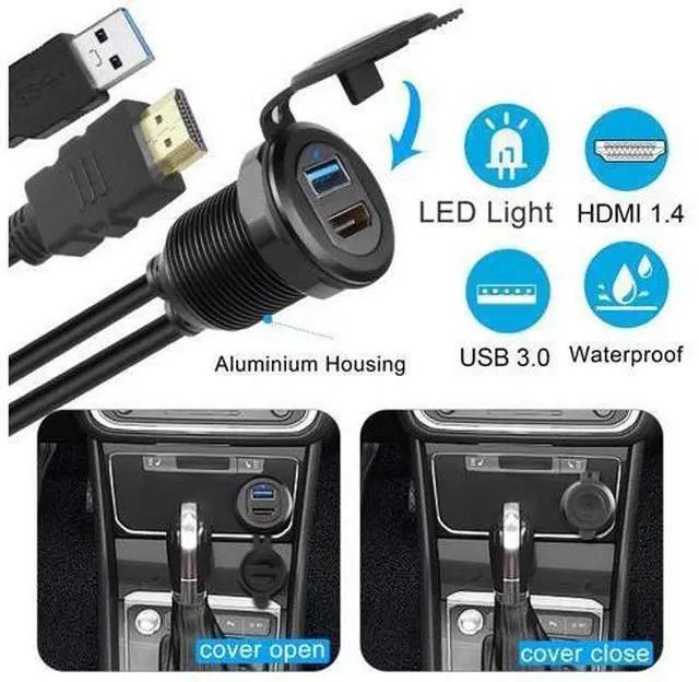 Alt view image 2 of 7 - Vszerda USB3.0 & HDMI Embedded Car Waterproof Cable USB3.0+HDMI 1.4 Threaded Fixed Mount Data Extension Cable, LED Light, Aluminum Housing, for Dashboard Car Boat Motorbike, 2M/6.5ft