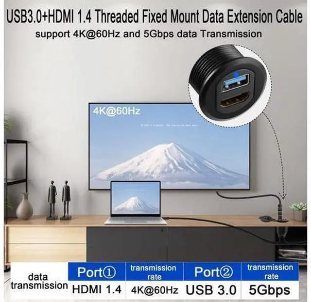 Alt view image 3 of 7 - Vszerda USB3.0 & HDMI Embedded Car Waterproof Cable USB3.0+HDMI 1.4 Threaded Fixed Mount Data Extension Cable, LED Light, Aluminum Housing, for Dashboard Car Boat Motorbike, 2M/6.5ft