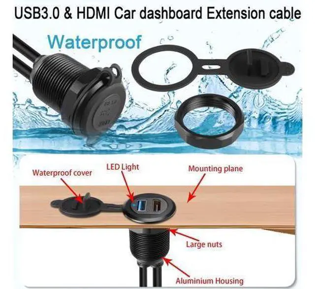 Alt view image 4 of 7 - Vszerda USB3.0 & HDMI Embedded Car Waterproof Cable USB3.0+HDMI 1.4 Threaded Fixed Mount Data Extension Cable, LED Light, Aluminum Housing, for Dashboard Car Boat Motorbike, 2M/6.5ft