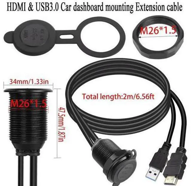 Alt view image 6 of 7 - Vszerda USB3.0 & HDMI Embedded Car Waterproof Cable USB3.0+HDMI 1.4 Threaded Fixed Mount Data Extension Cable, LED Light, Aluminum Housing, for Dashboard Car Boat Motorbike, 2M/6.5ft