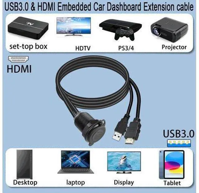 Alt view image 7 of 7 - Vszerda USB3.0 & HDMI Embedded Car Waterproof Cable USB3.0+HDMI 1.4 Threaded Fixed Mount Data Extension Cable, LED Light, Aluminum Housing, for Dashboard Car Boat Motorbike, 2M/6.5ft