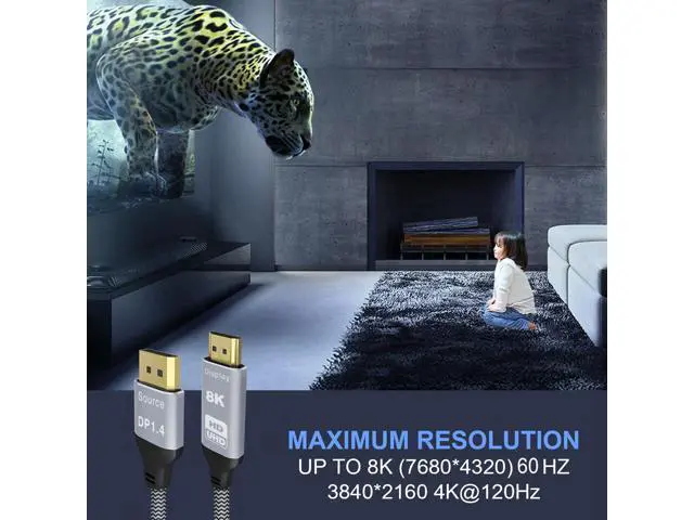 Alt view image 2 of 7 - Vszerda 6.6FT DisplayPort to HDMI 8K Cable, 8K@60Hz 4K@120Hz Uni-Directional DP1.4 (Source) to HDMI 2.1(Display),DP to HDMI Compatible HDCP 2.3 HDR10 for AMD,NVIDIA,Monitor and PC