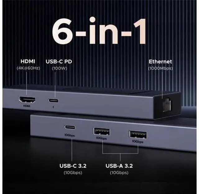 Alt view image 2 of 7 - Revodok Pro 6 in 1 USB C Hub Gigabit Ethernet Adapter with 4K 60Hz HDMI, 100W PD Charging, 10Gbps USB A&C 3.2 Data Ports Compatible with Mac M1, M2, M3, iPad, iPhone 16 Pro/Pro Max, Steam Deck