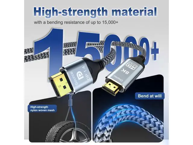 Alt view image 6 of 7 - Vszerda 6.6FT DisplayPort to HDMI 8K Cable, 8K@60Hz 4K@120Hz Uni-Directional DP1.4 (Source) to HDMI 2.1(Display),DP to HDMI Compatible HDCP 2.3 HDR10 for AMD,NVIDIA,Monitor and PC