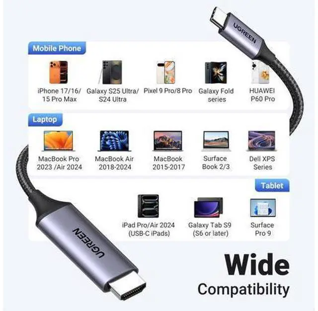 Alt view image 6 of 7 - UGREEN USB C to HDMI Cable (4K@60Hz) 3.3FT, Type C to HDMI Adapter Thunderbolt 4/3 to HDMI for Home Office Compatible with iPhone 17 Pro Max, MacBook Pro Air iPad Pro, XPS, Galaxy S25 Steam Deck